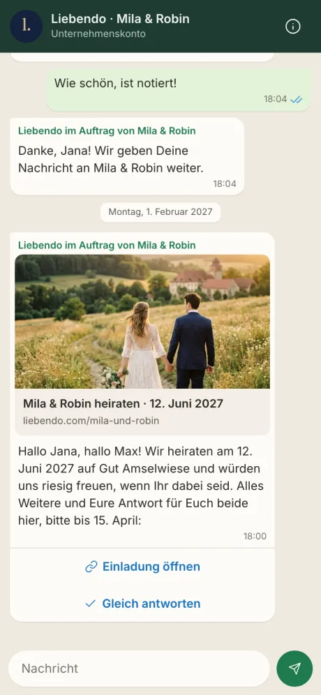 WhatsApp-Einladung und Antwortblatt des Gasts