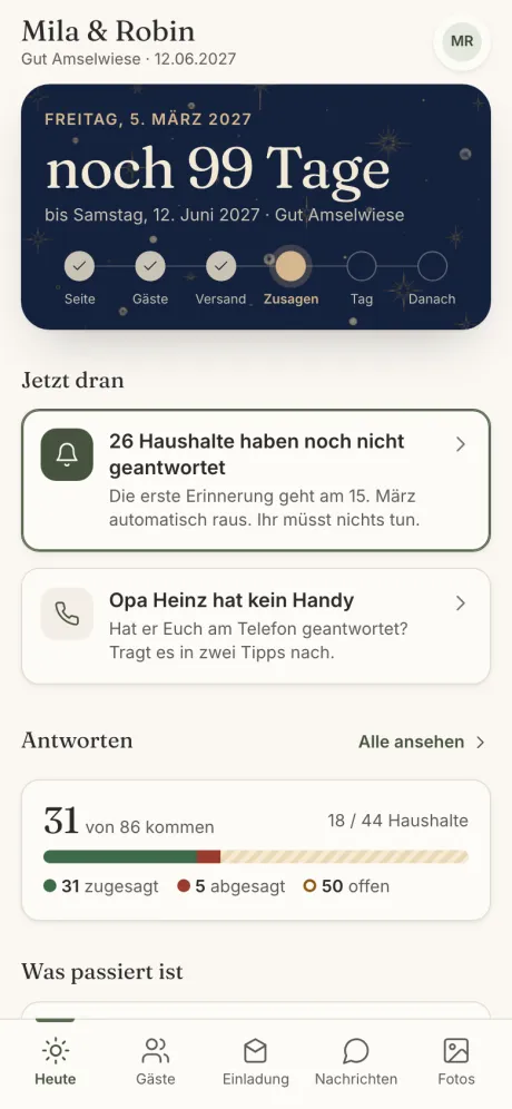 Startseite des Brautpaars mit Countdown und Aufgaben